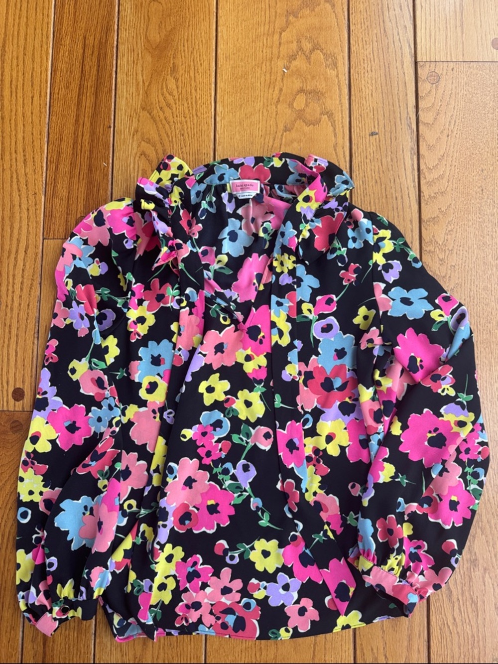 kate spade Black Floral blouse with Pink, Yellow & Blue Flowers